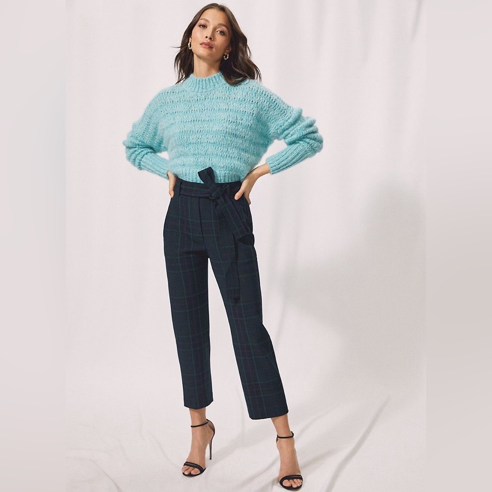 Aritzia Wilfred Navy Blue Grey Plaid Tie Front Pant Trousers w/ Removable Belt